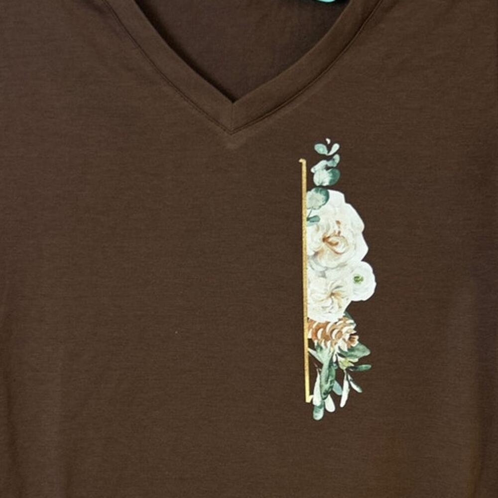 New Hand Printed Womens Small Floral Stripe Short Sleeve V Neck Tee Shirt - Picture 2 of 4